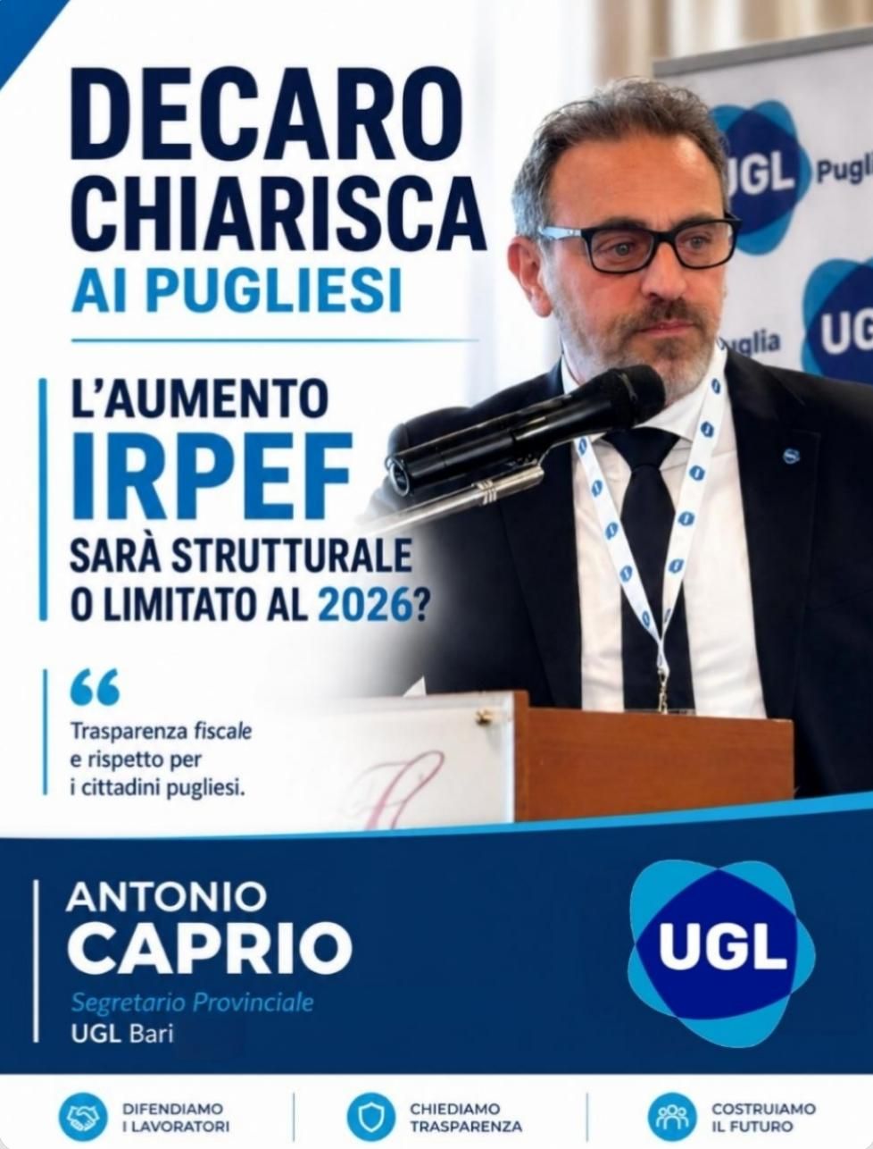 UGL contro l’aumento IRPEF, Antonio Caprio, “Sulle aliquote Decaro deve dire la verità ai cittadini”