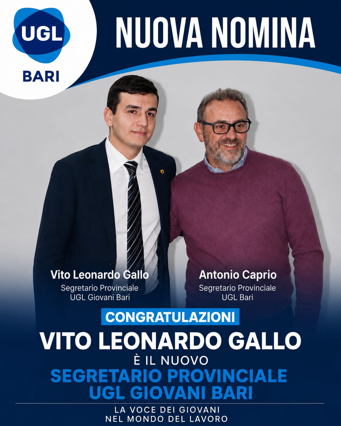 UGL Giovani Bari accoglie con entusiasmo la nomina di Vito Leonardo Gallo a nuovo Segretario Provinciale.